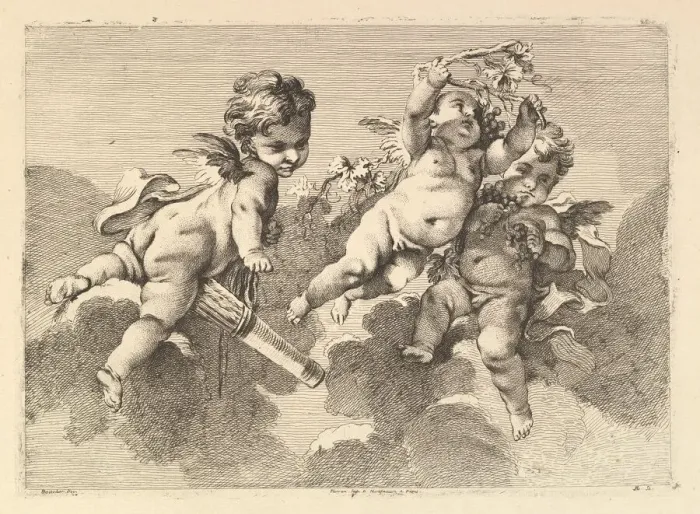 Framed Print : Three Children in Clouds, 18th century. Creator: Monogrammist DA Framed Print : Three Children in Clouds, 18th century. Creator: Monogrammist DA