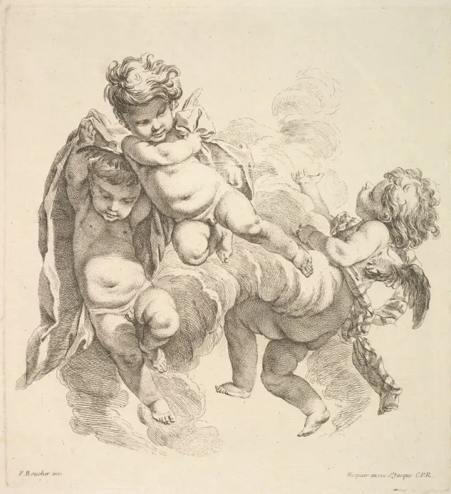 Framed Print : Three Children Among Clouds Carrying a Drapery, 1738-45. Creator: Gabriel Huquier Framed Print : Three Children Among Clouds Carrying a Drapery, 1738-45. Creator: Gabriel Huquier