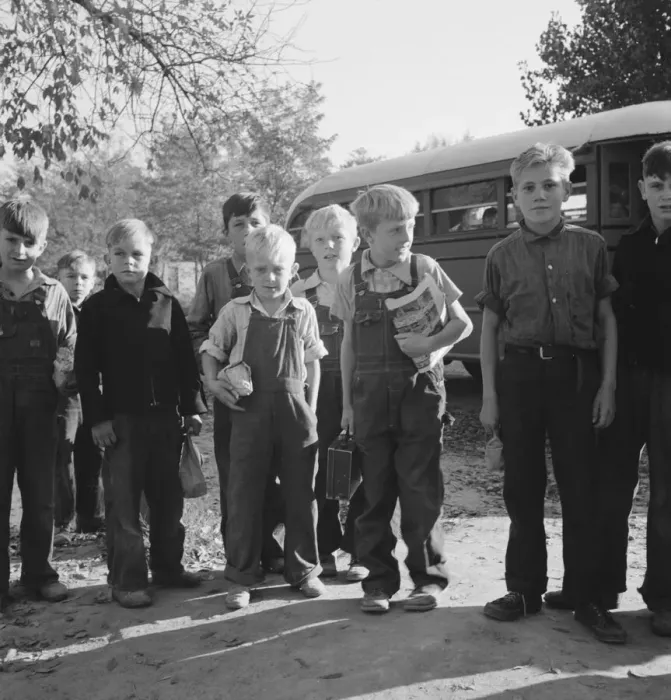 Framed Print : The children from Dead Ox Flat get off bus at school yard, Ontario, Malheur County, Oregon, 1939. Creator: Dorothea Lange Framed Print : The children from Dead Ox Flat get off bus at school yard, Ontario, Malheur County, Oregon, 1939. Creator: Dorothea Lange