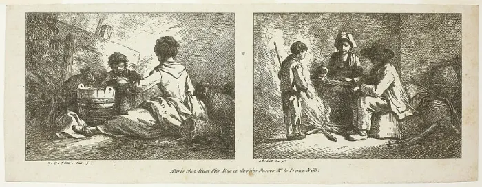 Framed Print : Children with a Dog and Sheep and Peasant Family by a Fire, n.d. Creator: Jean Baptiste Marie Huet Framed Print : Children with a Dog and Sheep and Peasant Family by a Fire, n.d. Creator: Jean Baptiste Marie Huet