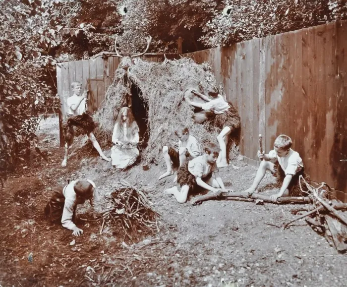 Framed Print : Children dressed as prehistoric cave dwellers, Birley House Open Air School, London, 1908 Framed Print : Children dressed as prehistoric cave dwellers, Birley House Open Air School, London, 1908
