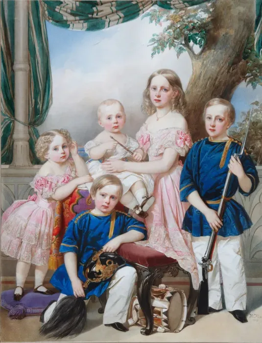 Framed Print : Children of Duke Peter of Oldenburg (1812?1881): Alexandra, Katharine, Nikolaus, Alexander and Georg Artist: Hau (Gau), Vladimir Ivanovich (1816-1895) Framed Print : Children of Duke Peter of Oldenburg (1812?1881): Alexandra, Katharine, Nikolaus, Alexander and Georg Artist: Hau (Gau), Vladimir Ivanovich (1816-1895)