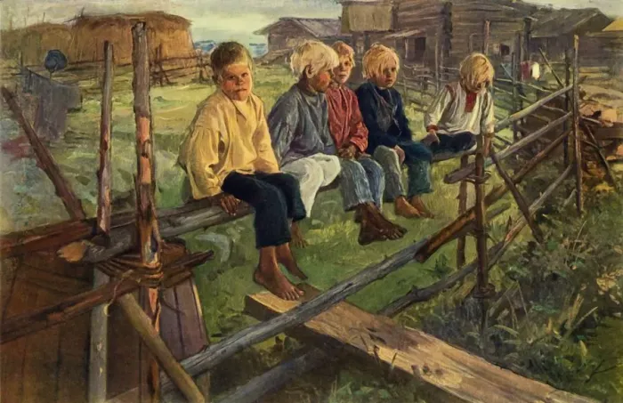 Framed Print : Children on a Fence (Sparrows), 1883, (1965). Creator: Illarion Pryanishnikov Framed Print : Children on a Fence (Sparrows), 1883, (1965). Creator: Illarion Pryanishnikov