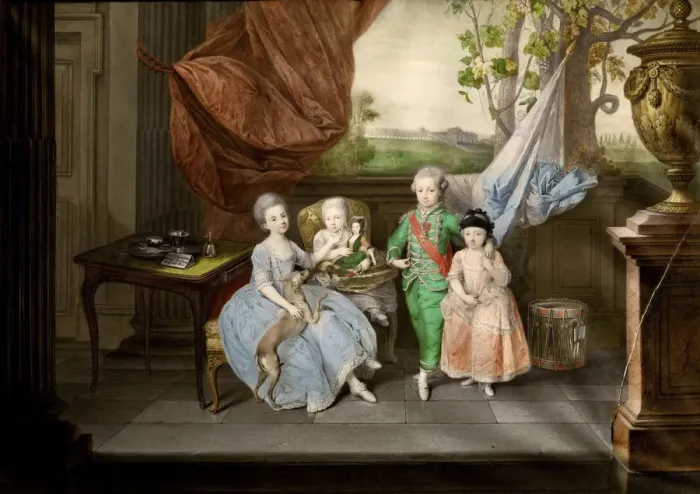 Framed Print : The children of Ferdinand of Parma (Louis, Carolina, Maria Antonia and Carlotta), 1778. Artist: Zoffani, Johann (1733-1810) Framed Print : The children of Ferdinand of Parma (Louis, Carolina, Maria Antonia and Carlotta), 1778. Artist: Zoffani, Johann (1733-1810)
