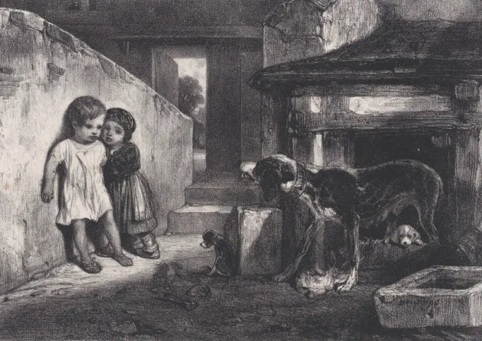 Framed Print : Children Frightened by Snarling Dog, from the series Hunting Scenes, 1829 Framed Print : Children Frightened by Snarling Dog, from the series Hunting Scenes, 1829