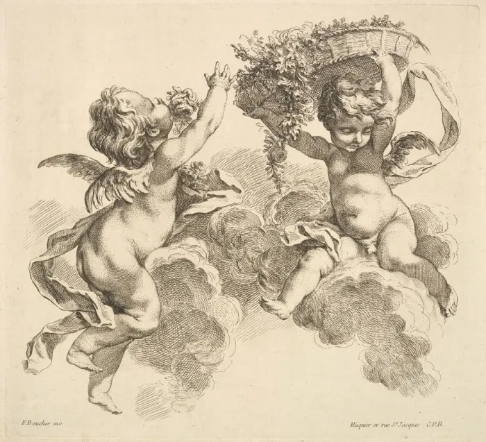 Framed Print : Two Children, One Holding a Basket with Flowers, 1738-45. Creator: Gabriel Huquier Framed Print : Two Children, One Holding a Basket with Flowers, 1738-45. Creator: Gabriel Huquier