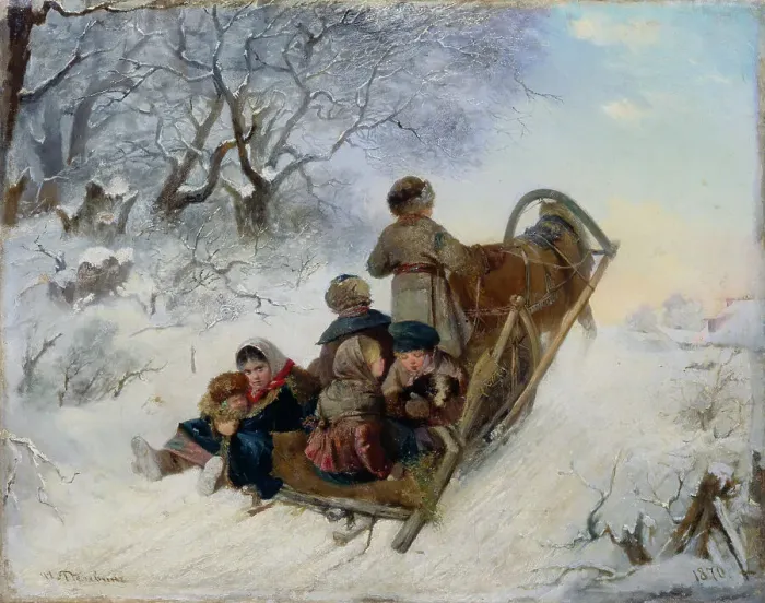 Framed Print : Children on a horse drawn sleigh, 1870. Artist: Pelevin, Ivan Andreyevich (1840-1917) Framed Print : Children on a horse drawn sleigh, 1870. Artist: Pelevin, Ivan Andreyevich (1840-1917)
