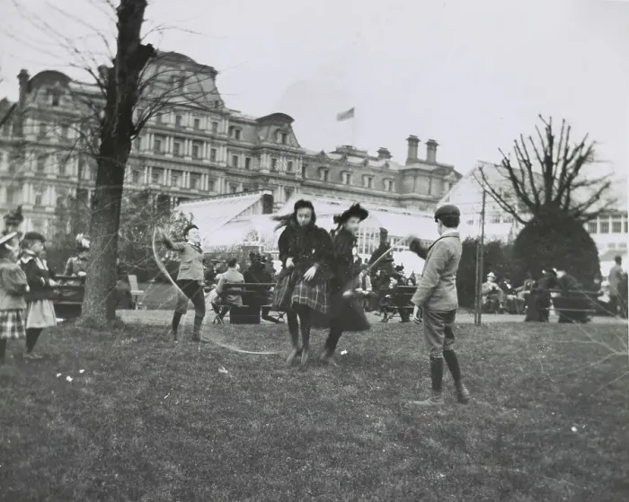 Framed Print : Children jumping rope on the White House lawn during annual Easter egg roll with State, War...1898. Creator: Frances Benjamin Johnston Framed Print : Children jumping rope on the White House lawn during annual Easter egg roll with State, War...1898. Creator: Frances Benjamin Johnston