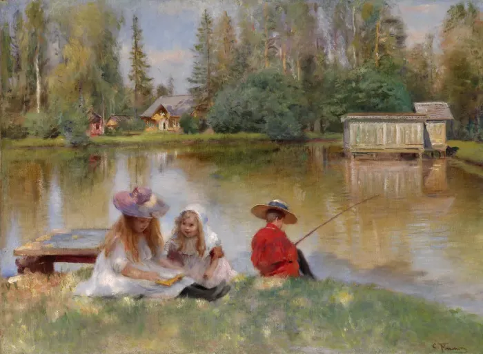 Framed Print : Children by the Lake. Artist: Makovsky, Konstantin Yegorovich (1839-1915) Framed Print : Children by the Lake. Artist: Makovsky, Konstantin Yegorovich (1839-1915)