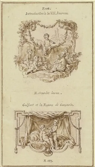 Framed Print : Nine Children Listening to a Girl Tell a Story; A Boy Handing a Purse to a Girl Seated... c. 1757. Creator: Hubert Francois Gravelot Framed Print : Nine Children Listening to a Girl Tell a Story; A Boy Handing a Purse to a Girl Seated... c. 1757. Creator: Hubert Francois Gravelot