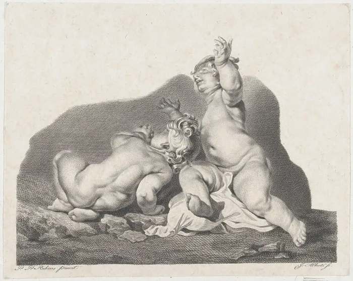 Framed Print : Two children lying on the ground, one seen from behind, 19th century. 19th century. Creator: Anon Framed Print : Two children lying on the ground, one seen from behind, 19th century. 19th century. Creator: Anon