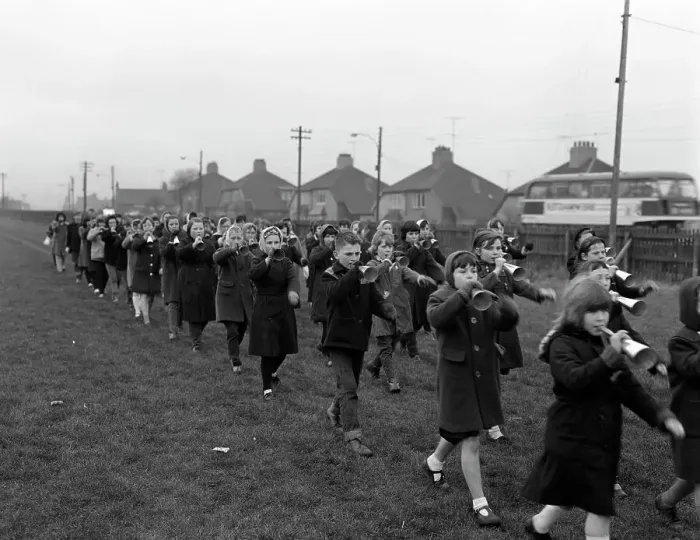 Framed Print : Children marching with home made bugles, Middlesborough, Teesside, 1964 Framed Print : Children marching with home made bugles, Middlesborough, Teesside, 1964