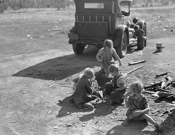 Children of migrant Oklahoma family, now living near Fresno, California, picking cotton, 1936. Creator: Dorothea Lange