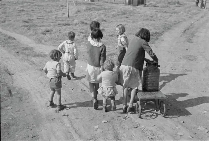 Framed Print : Children of migratory workers, hauling water, American River camp, San Joaquin Valley, CA, 1936. Creator: Dorothea Lange Framed Print : Children of migratory workers, hauling water, American River camp, San Joaquin Valley, CA, 1936. Creator: Dorothea Lange