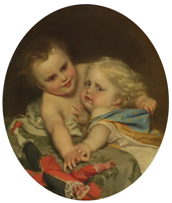 Framed Print : Two Children Playing Around, 1861. Creator: Joseph Henri Francois Van Lerius Framed Print : Two Children Playing Around, 1861. Creator: Joseph Henri Francois Van Lerius