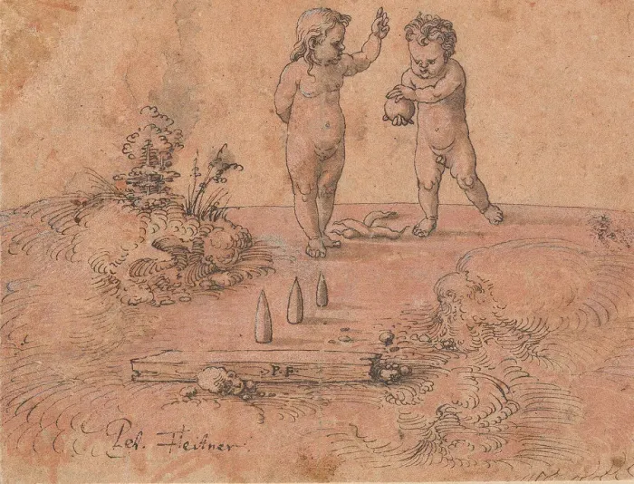 Framed Print : Two Children Playing with a Ball, 1500-1546. Creator: Peter Flotner Framed Print : Two Children Playing with a Ball, 1500-1546. Creator: Peter Flotner