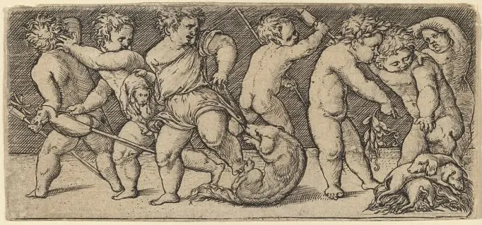 Framed Print : Children Playing with a Bitch and Three Young Dogs. Creator: Master of the Horse Heads Framed Print : Children Playing with a Bitch and Three Young Dogs. Creator: Master of the Horse Heads