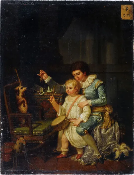 Framed Print : Children playing with a dog, 1783. Creator: Nicolas Andre Monsiau Framed Print : Children playing with a dog, 1783. Creator: Nicolas Andre Monsiau