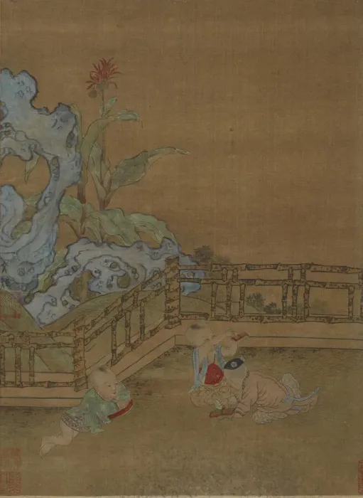 Framed Print : Three children playing on a garden terrace, Ming dynasty, 1368-1644. Creator: Unknown Framed Print : Three children playing on a garden terrace, Ming dynasty, 1368-1644. Creator: Unknown