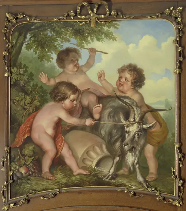 Framed Print : Three children playing with a goat, 1771. Creator: Juriaan Andriessen Framed Print : Three children playing with a goat, 1771. Creator: Juriaan Andriessen