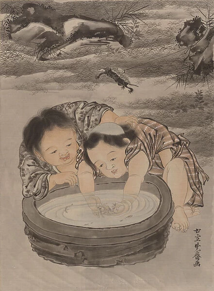 Two Children Playing with Goldfish, ca. 1887. Creator: Kawanabe Kyosai