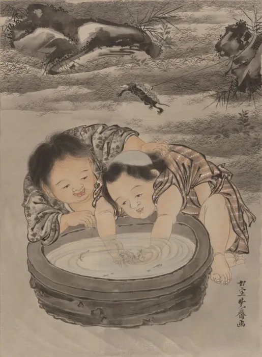 Framed Print : Two Children Playing with Goldfish, ca. 1887. Creator: Kawanabe Kyosai Framed Print : Two Children Playing with Goldfish, ca. 1887. Creator: Kawanabe Kyosai