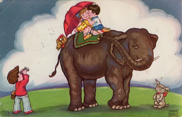 Children riding on an elephant, 1932. Creator: Margret Boriss