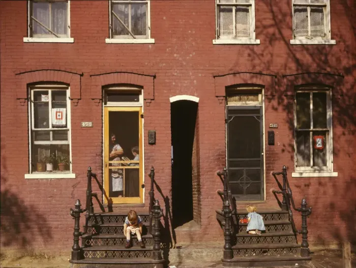 Framed Print : Children on row house steps, Washington, D. C. between 1941 and 1942. Creator: Louise Rosskam Framed Print : Children on row house steps, Washington, D. C. between 1941 and 1942. Creator: Louise Rosskam