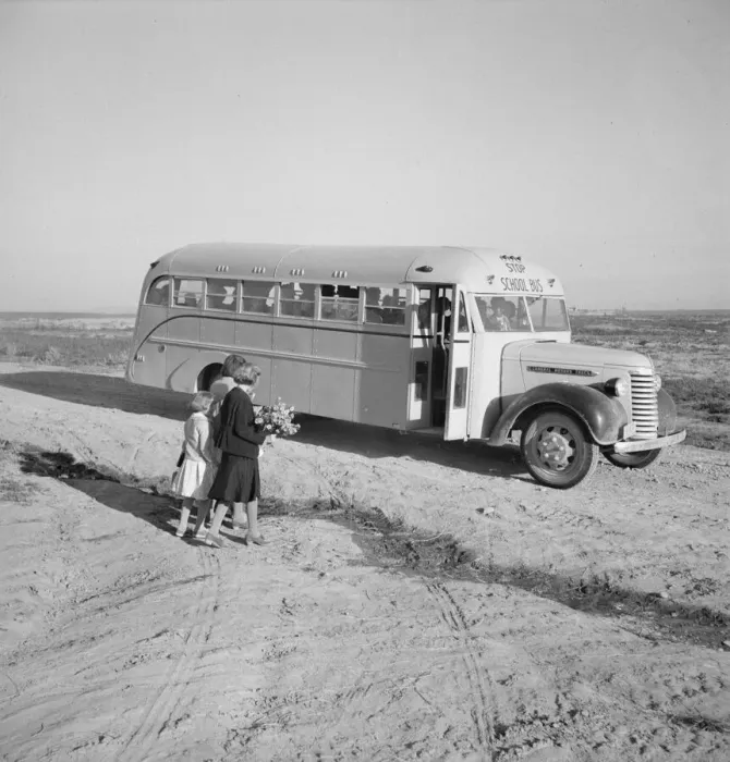 Framed Print : Children get into school bus on a fall morning, Dead Ox Flat, Malheur County, Oregon, 1939 Creator: Dorothea Lange Framed Print : Children get into school bus on a fall morning, Dead Ox Flat, Malheur County, Oregon, 1939 Creator: Dorothea Lange
