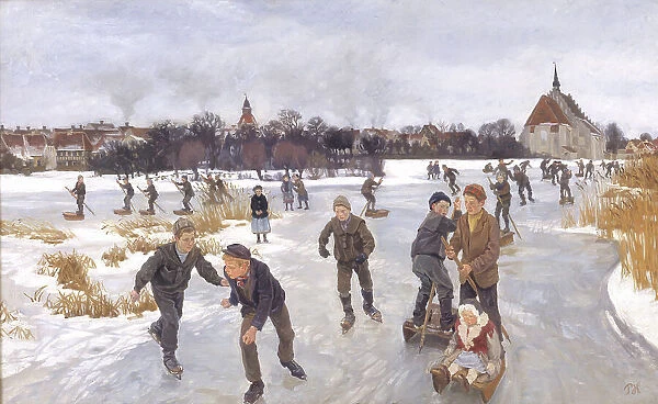 Children skating outside Fåborg, 1901. Creator: Peter Hansen