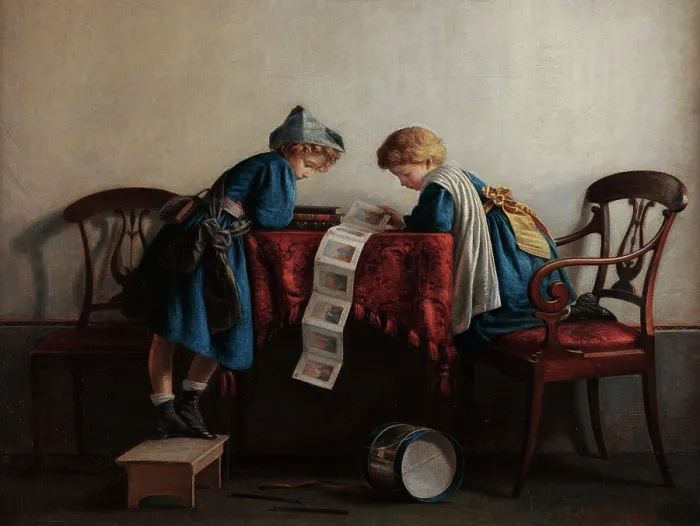 Framed Print : Children with a spelling book, 1869. Creator: Cornish, Giacomo (1837-1910) Framed Print : Children with a spelling book, 1869. Creator: Cornish, Giacomo (1837-1910)