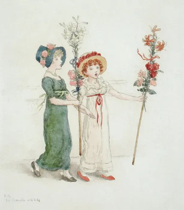 Framed Print : Two Children with Staffs, 1884. Creator: Catherine Greenaway Framed Print : Two Children with Staffs, 1884. Creator: Catherine Greenaway