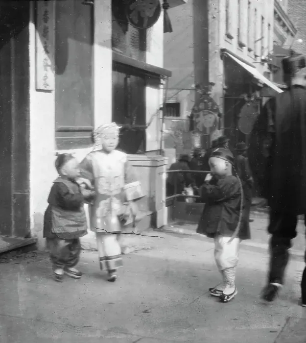 Framed Print : Three children standing on a sidewalk, Chinatown, San Francisco, between 1896 and 1906. Creator: Arnold Genthe Framed Print : Three children standing on a sidewalk, Chinatown, San Francisco, between 1896 and 1906. Creator: Arnold Genthe