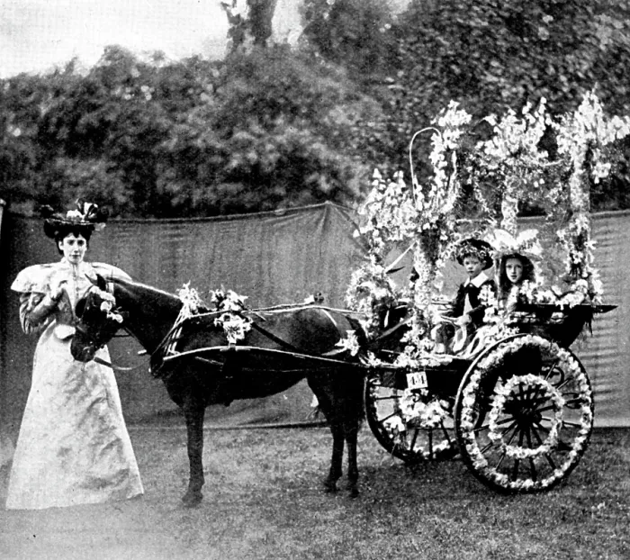 Framed Print : Children's Floral Fete, Royal Botanical Society's Gardens, Regent's Park:pony and trap, 1895 Framed Print : Children's Floral Fete, Royal Botanical Society's Gardens, Regent's Park:pony and trap, 1895