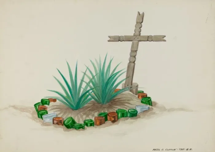 Framed Print : Childs Grave with Wooden Cross - Bottle Decorations, c. 1937. Creator: Majel G. Claflin Framed Print : Childs Grave with Wooden Cross - Bottle Decorations, c. 1937. Creator: Majel G. Claflin