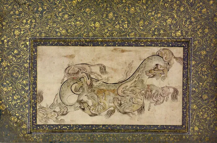 Framed Print : Chilins (Chinese Chimerical Creatures) Fighting with a Dragon, 16th century Framed Print : Chilins (Chinese Chimerical Creatures) Fighting with a Dragon, 16th century