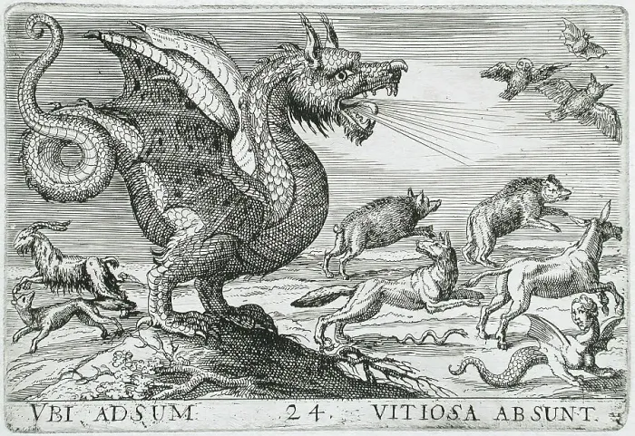 Framed Print : A Chimerical Animal Chasing Other Animals, 1610. Creator: Hendrick Hondius I Framed Print : A Chimerical Animal Chasing Other Animals, 1610. Creator: Hendrick Hondius I
