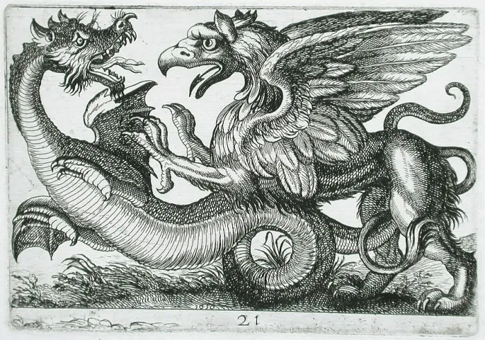 Framed Print : Two Chimerical Animals Fighting, 1610. Creator: Hendrick Hondius I Framed Print : Two Chimerical Animals Fighting, 1610. Creator: Hendrick Hondius I