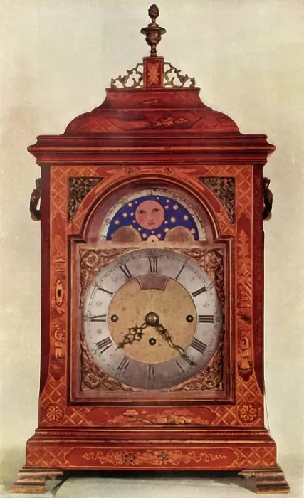 Framed Print : Chiming Mantel Clock with Moon-Work in Red and Gold Lacquer Case, 1947. Creator: Unknown Framed Print : Chiming Mantel Clock with Moon-Work in Red and Gold Lacquer Case, 1947. Creator: Unknown