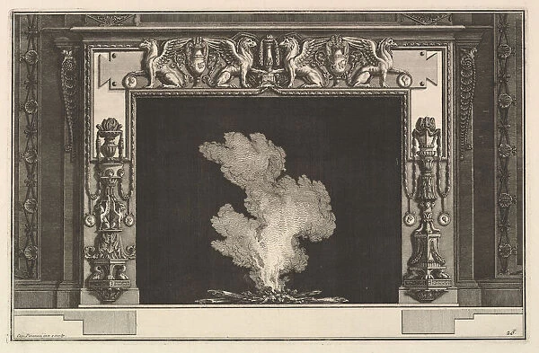 Chimneypiece: Affronted griffons on the lintel and candelabra on the jambs (Ch. accomp
