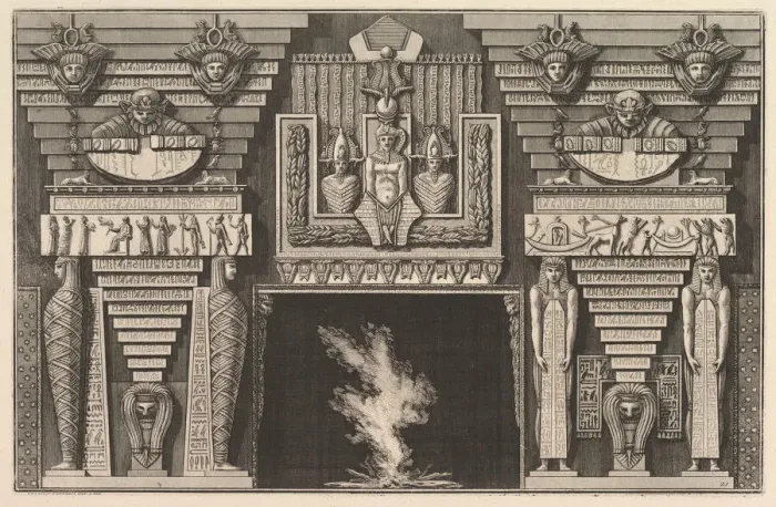 Framed Print : Chimneypiece in the Egyptian style: Two mummies in profile on the left and two figures Framed Print : Chimneypiece in the Egyptian style: Two mummies in profile on the left and two figures
