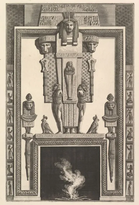 Framed Print : Chimneypiece in the Egyptian style: Mummy superimposed on a large caryatid above Framed Print : Chimneypiece in the Egyptian style: Mummy superimposed on a large caryatid above