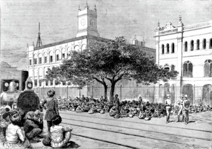 Framed Print : The Chin-Lushai Expedition--The Meean Mir Coolie Corps at Calcutta Waiting to be Shipped, 1890. Creator: Unknown Framed Print : The Chin-Lushai Expedition--The Meean Mir Coolie Corps at Calcutta Waiting to be Shipped, 1890. Creator: Unknown