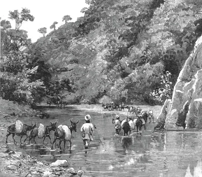 Framed Print : With the Chin-Lushai Expeditionary Force; A Mule Convoy crossing the Loung-Gut-Choung Stream, 189 Creator: Unknown Framed Print : With the Chin-Lushai Expeditionary Force; A Mule Convoy crossing the Loung-Gut-Choung Stream, 189 Creator: Unknown