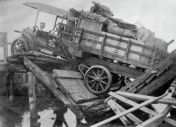 China - Bridge Broken Under American Truck, 1913. Creator: Harris & Ewing. China - Bridge Broken Under American Truck, 1913. Creator: Harris & Ewing