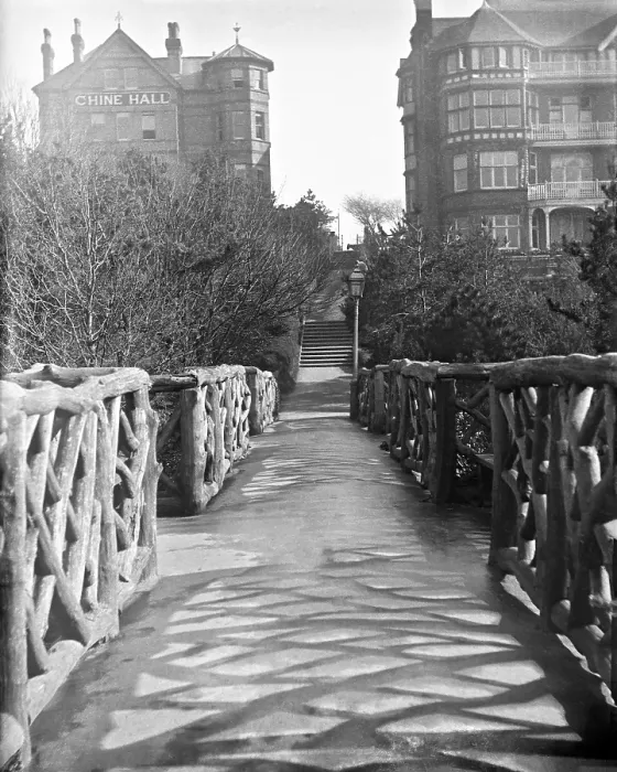 Framed Print : Chine Hall and White Lodge Hotel from the Rustic Bridge, Boscombe Chine and Gardens... 1900 Framed Print : Chine Hall and White Lodge Hotel from the Rustic Bridge, Boscombe Chine and Gardens... 1900