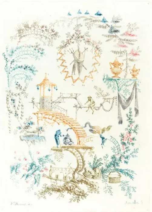Framed Print : Chinese Arabesque with a Monkey, early 1760s. Creator: Anne Allen Framed Print : Chinese Arabesque with a Monkey, early 1760s. Creator: Anne Allen