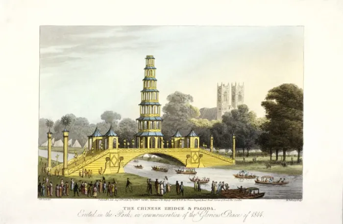 Framed Print : The Chinese bridge and pagoda, erected in St Jamess Park, London, 1814. Artist Framed Print : The Chinese bridge and pagoda, erected in St Jamess Park, London, 1814. Artist