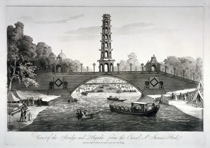 Framed Print : Chinese bridge and pagoda, St Jamess Park, Westminster, London, 1814 Framed Print : Chinese bridge and pagoda, St Jamess Park, Westminster, London, 1814