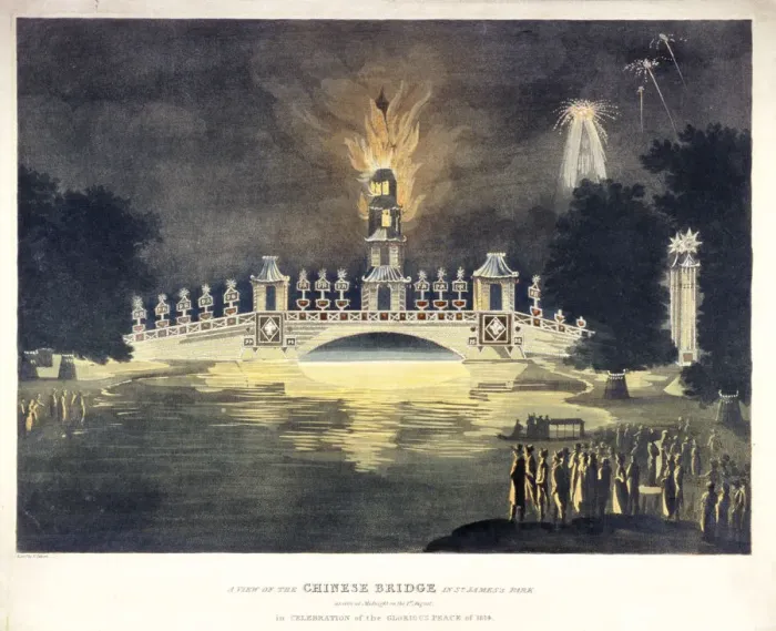Framed Print : Chinese Bridge in St Jamess Park... in celebration of the glorious peace of 1814 Framed Print : Chinese Bridge in St Jamess Park... in celebration of the glorious peace of 1814
